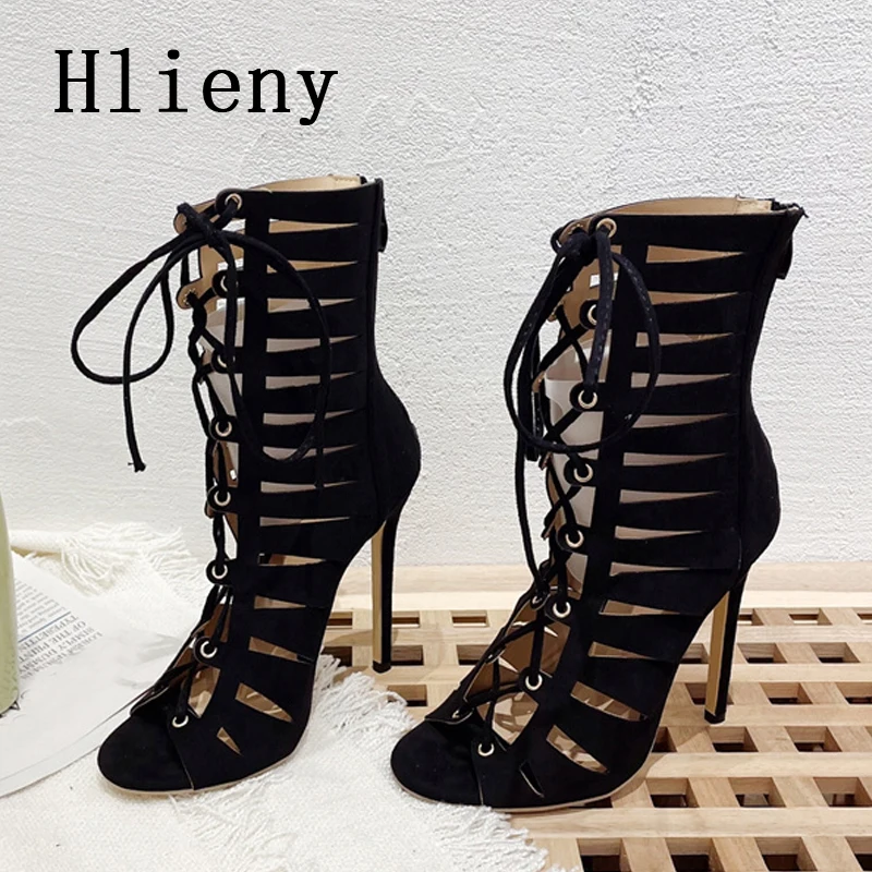 

Hlieny Gladiator Boot Sandals Women Summer Peep Toe Lace Up Cross-tied High Heel Ankle Strap Net Surface Hollow Out Black Shoes