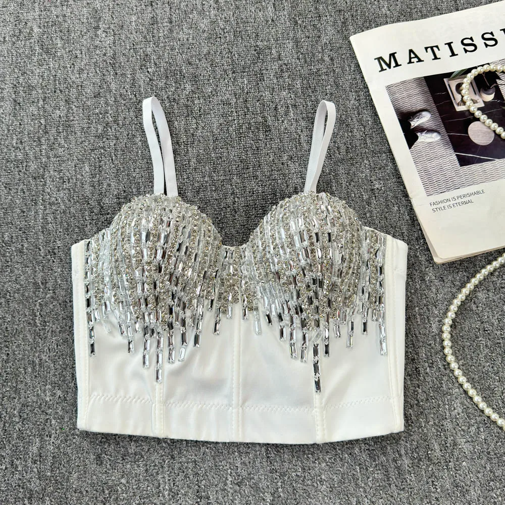 Sexy Club Dancing Wrap Chest Diamond Embellied Tank Top ort Sle Fibone Brtte Inner Wear Outer Wear Crop Top