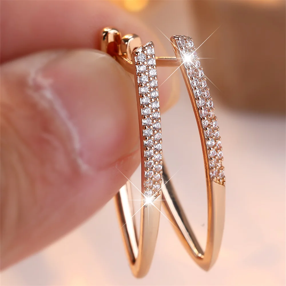 White Zircon Geometric Hollow V Shaped Hoop Earrings For Women Vintage Gold Color Ear Buckle Wedding Jewelry Versatile Gifts