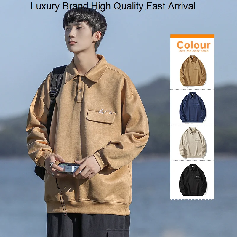 

Hoodies Brand American Retro Men Sweatshirts Autumn Youth College Shirt Collar Solid Color Pocket Trim Tops 2023 Fashion Clothes