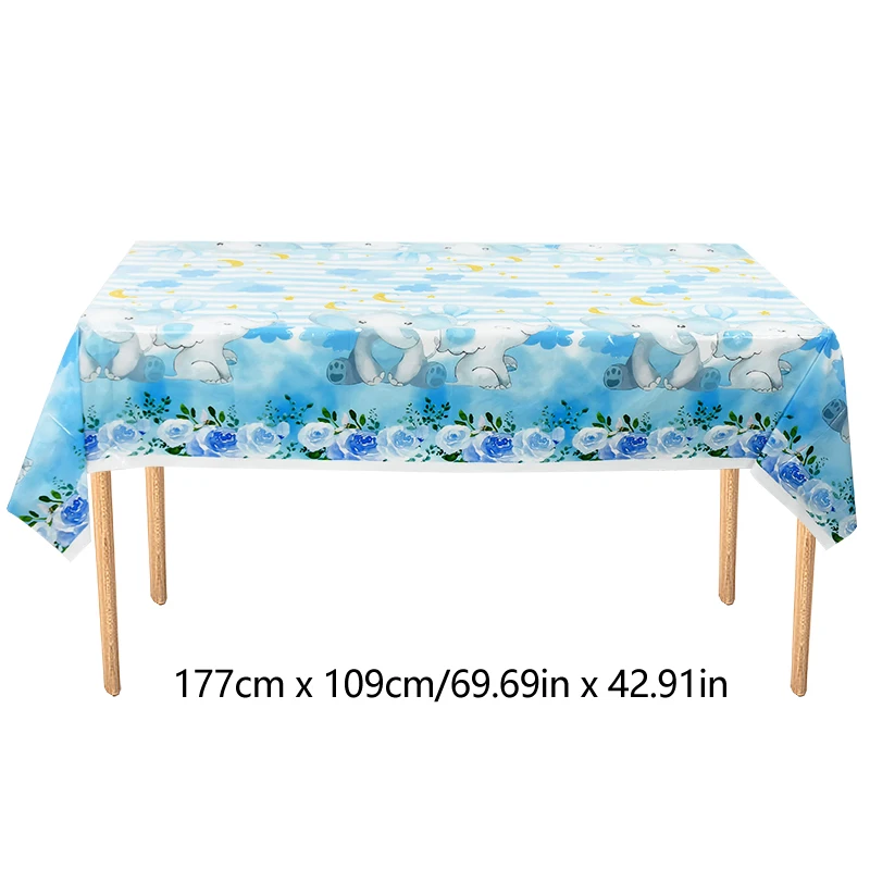 Nappe Et Vaisselle Jetable Éléphant Bleu - Kit Baby Shower Garçon, 108x220 Cm - Réutilisable, Imperméable, Décoration De Table