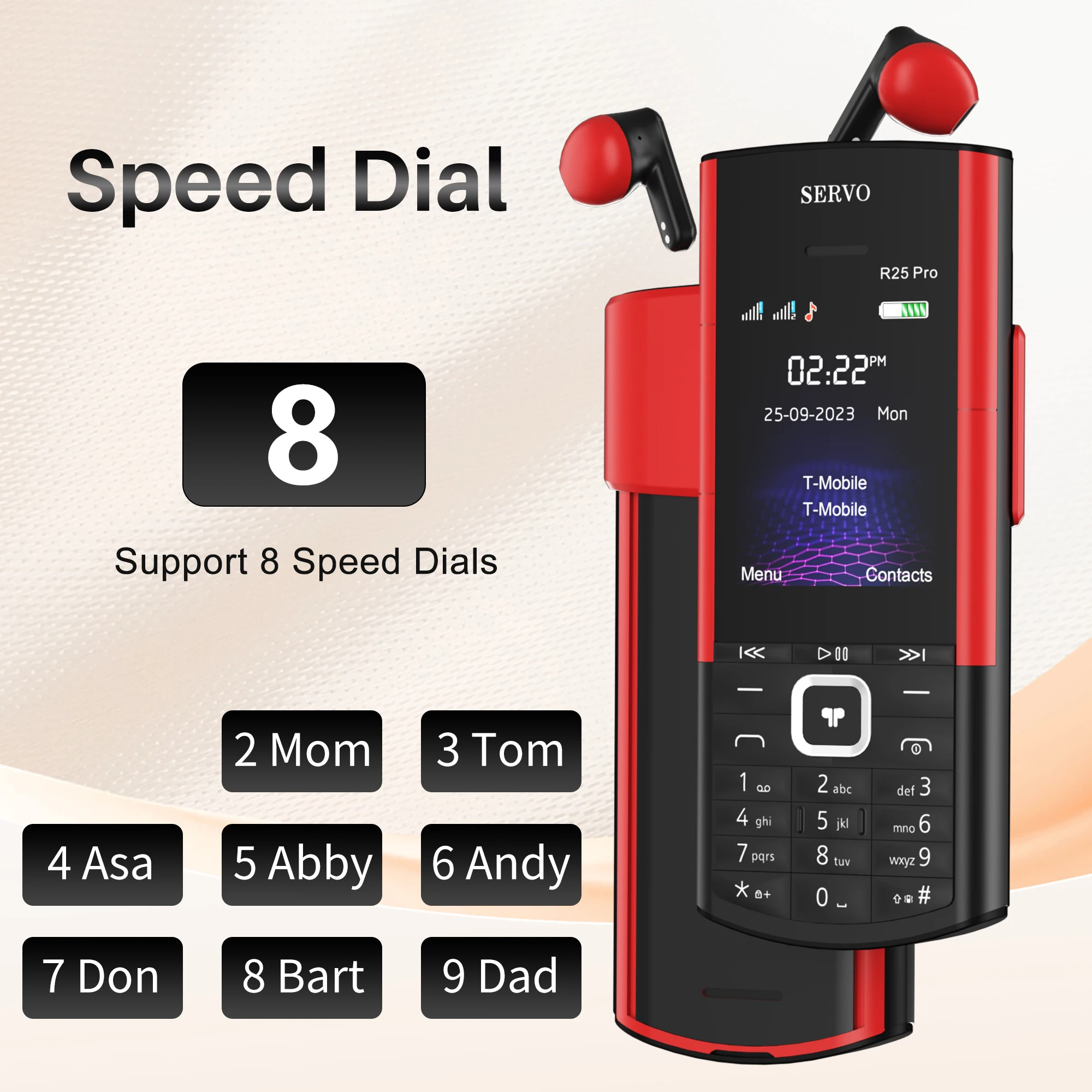 SERVO R25 PRO Bluetooth Earphones Mobile Phone Dual SIM Cards Call Recording Speed Dial FM Radio 2G GSM Button Backup Cellphones