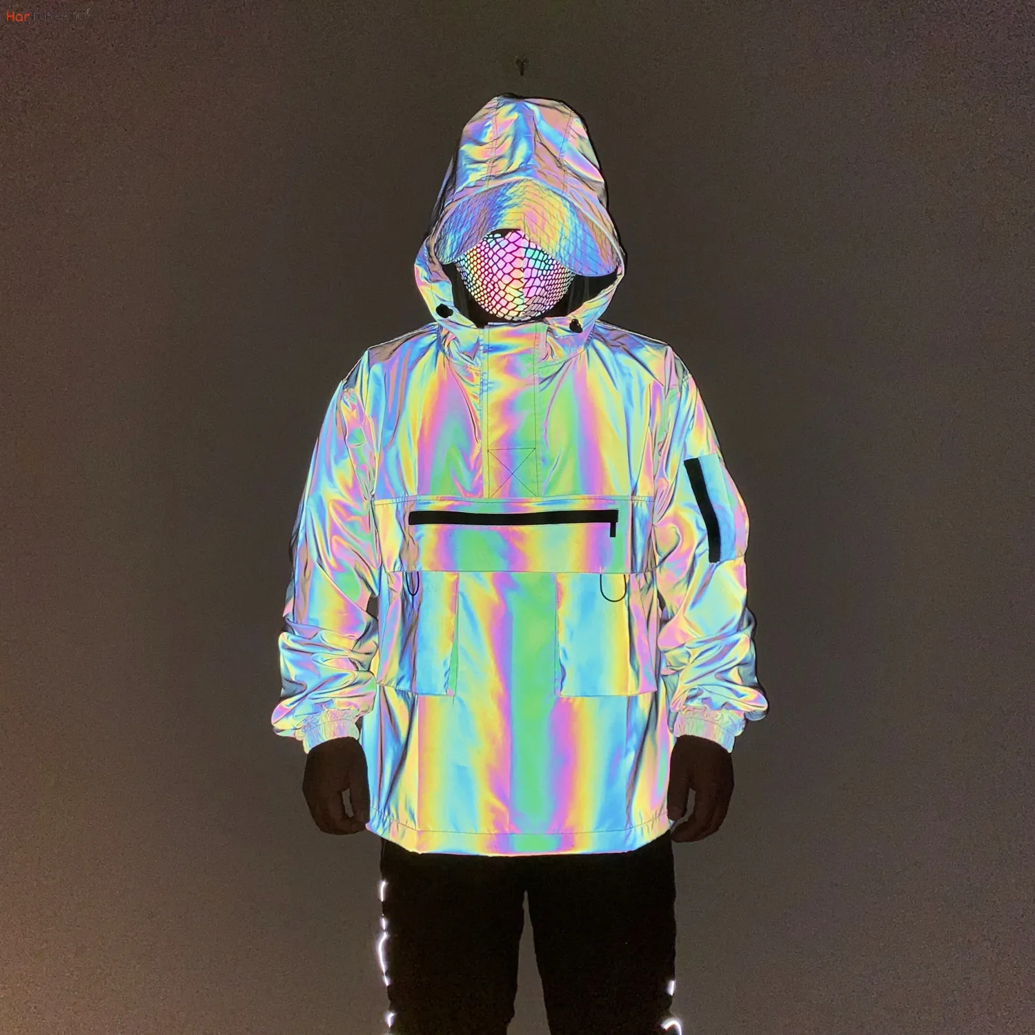 Men New Colorful Reflective Jacket Loose Large Size Rainbow Color Luminous  Hooded Jacket Hip Hop Street Singer Windbreaker coats - AliExpress