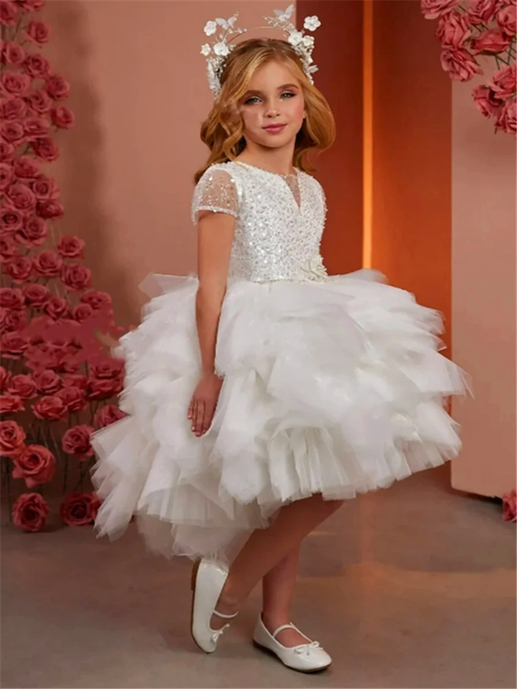 

White Sleeveless Tulle Lace Feather Princess Ball Flower Girl Dress First Communion Dresses Kids Surprise Birthday Present