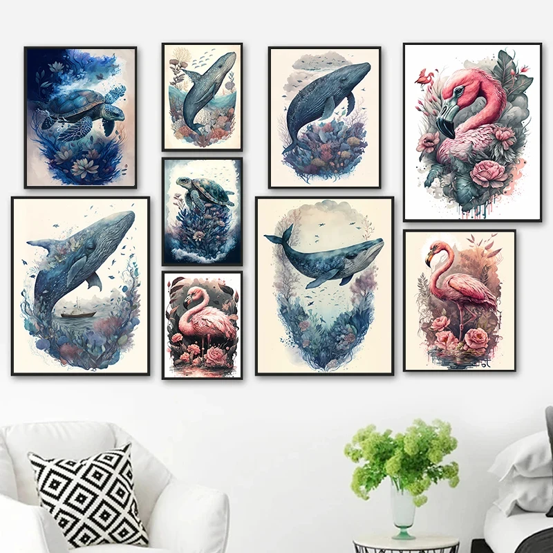 

Watercolor Animal In Floral Posters Canvas Painting Sea Whale Turtle Pink Flamingo Wall Art For Living Room Home Decoration