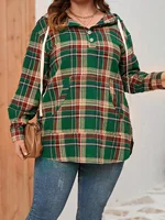 Women's  Spring and Summer Thin Plaid Sports Sweatshirt, regular Hooded Drawstring Shirt, Casual Blouse with Pockets, Plus Size