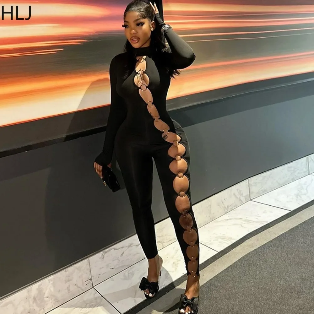HLJ Black Sexy Hollow Out Bodycon Nigthclub Jumpsuits Women Round Neck Long Sleeve Slim Playsuits Fashion Solid Color Overalls