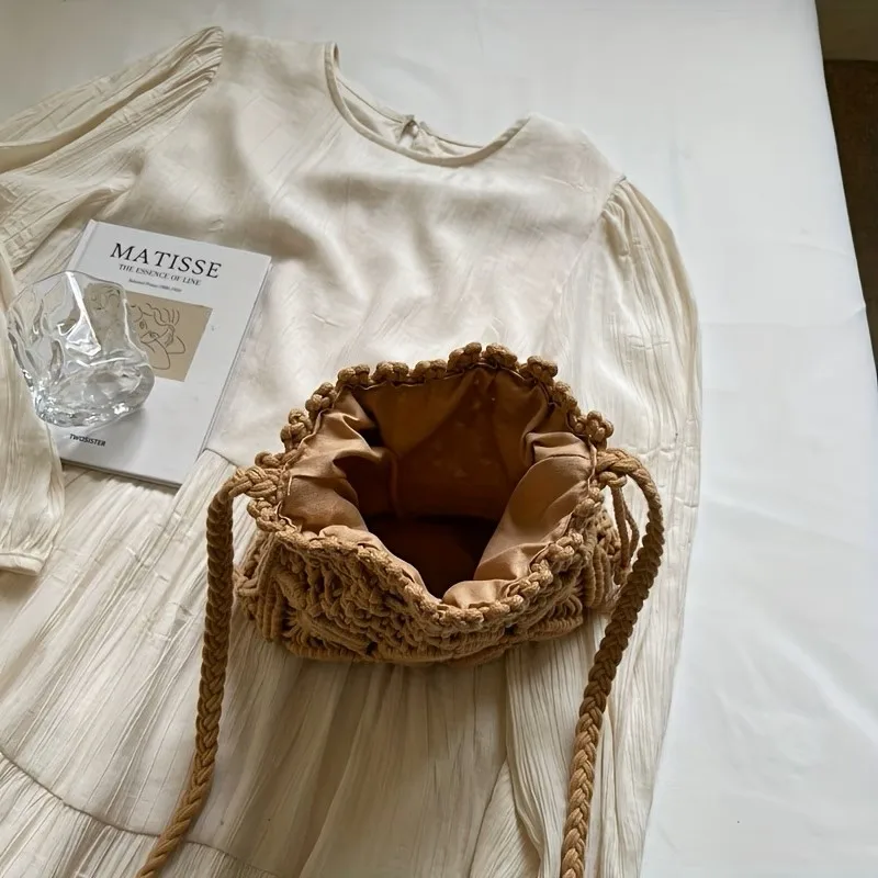 Borsa a secchiello in macramè boho, fatta a mano, con coulisse, borsa a tracolla estiva da spiaggia per donna - immagine 6