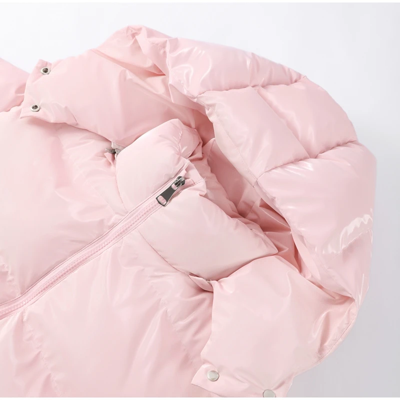 Schicker, glänzender, gepolsterter Mantel mit Kapuze für Damen, lässig, geschwollener Stehkragen, kurze Daunenjacke, Baumwollmäntel, weiblich, 2025, Winter-Straßen-Oberbekleidung – Detail 16