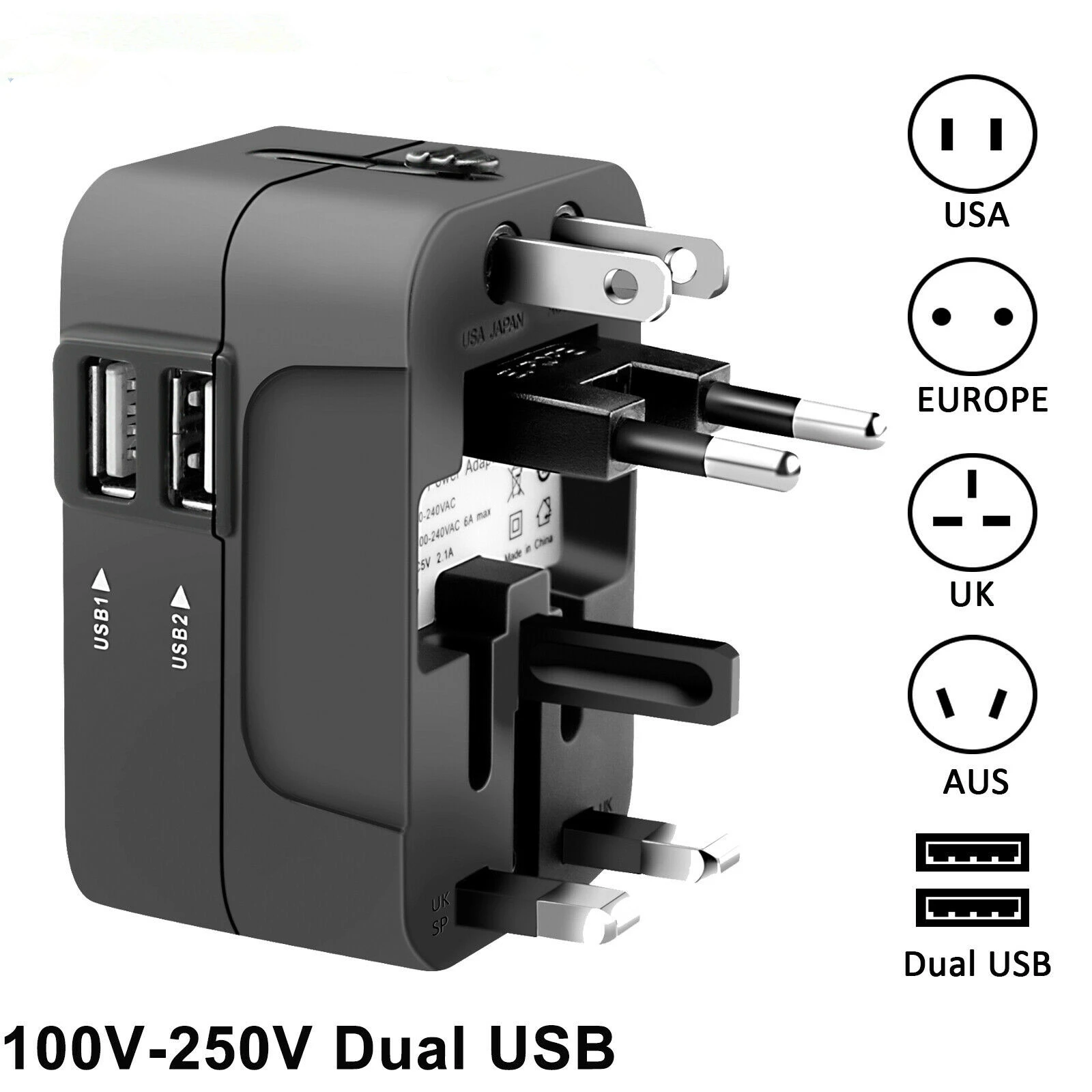 Universal Travel Adapter Multipin Plug Dual Usb Port Power Outlet
