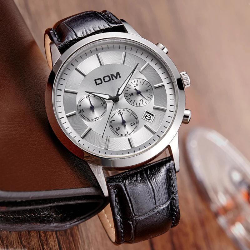 DOM Brand men's watch large dial multifunction sports waterproof genuine leather strap Fashion & Casual men's watches MS-301
