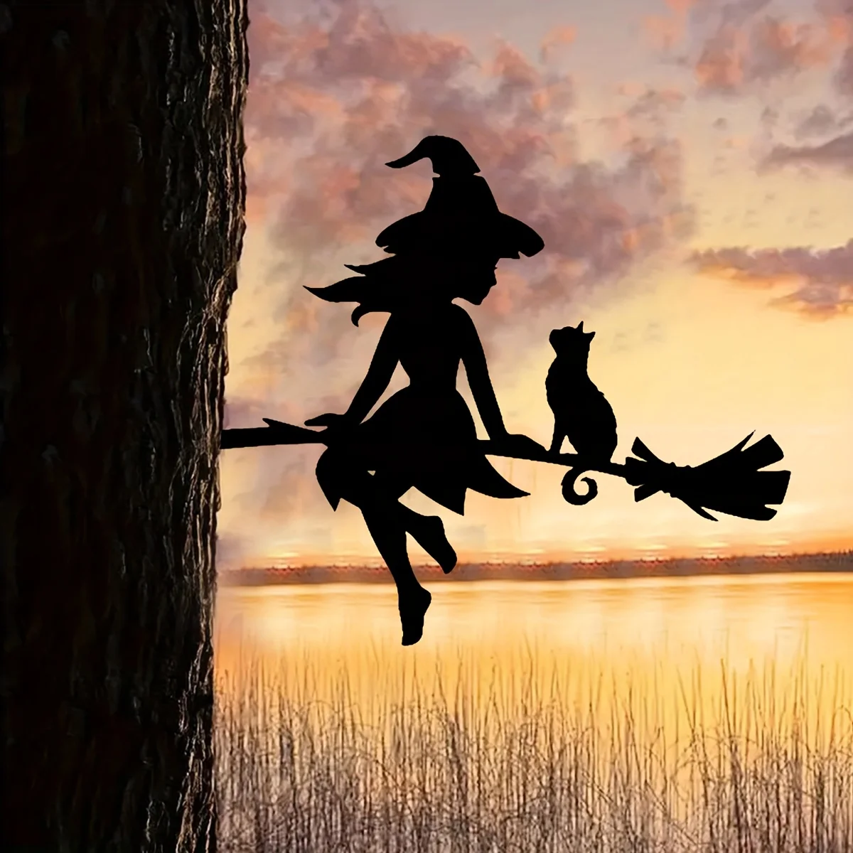 Enchanting Witch & Cat Garden Decor - Durable Iron Art with Flying Broomstick, for Halloween & Outdoor, Outdoor Garden Decor 3