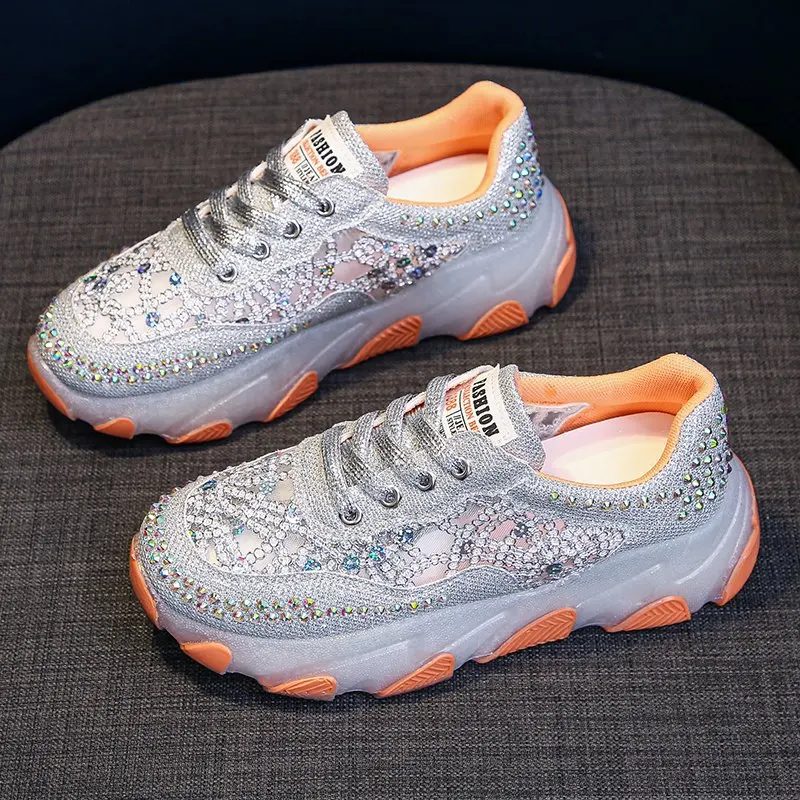 

Women's Rhinestone Sequins Sneakers Lace-up Casual Dad Shoes Spring Breathable Thick Bottom Trainers Zapatilla Deportiva Mujer