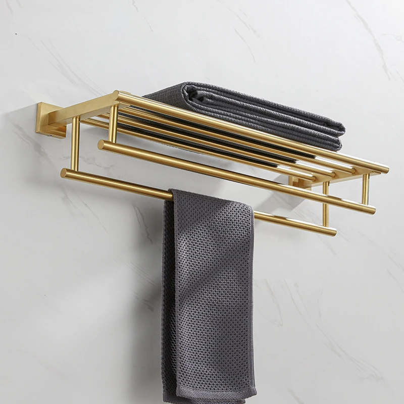 Bath Towel Holder Rack Toilet Storage Shelf Brushed 2 Layers Hanger Golden 304 Stainless Steel Hotel Bathroom Rack Accessories