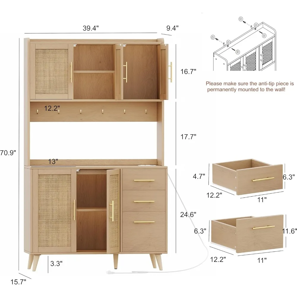 70.9" Kitchen Pantry Cabinet w/ Microwave Shelf,Rattan Freestanding Storage Cabinet w/ Charging Station,Sideboard Buffet Cabinet 2
