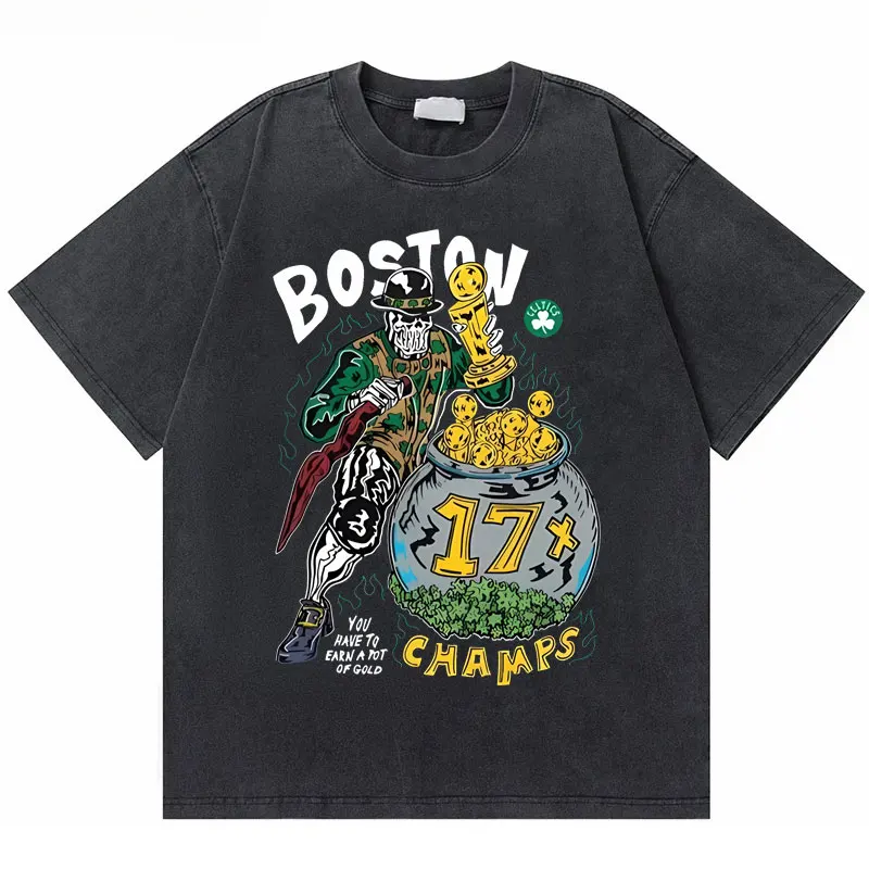 

Fashion Washed Vintage Boston You Have To Earn A Pot of Gold Champs Skeleton Graphic Tshirt Men Women Hip Hop Basketball Tees