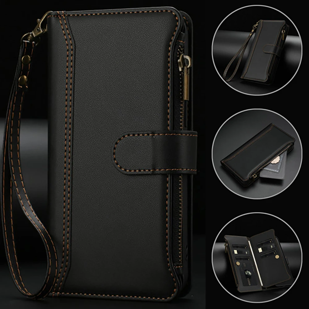 Enhanced Leather Zipper Wallet Flip Case with 9-Card Slots