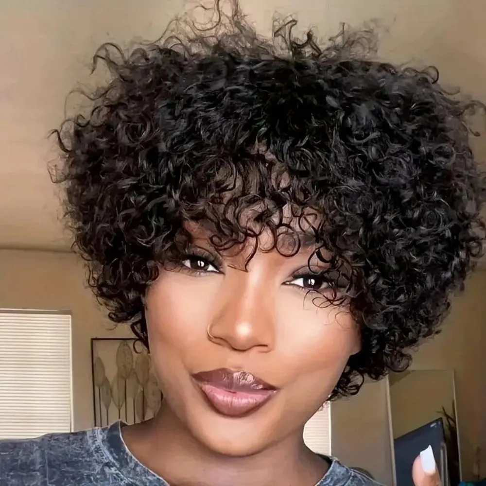 Human Hair Afro Kinky Curly Short Wigs For Women Full Machine Made Natural Black Glueless Wear And Go Brazilian Remy Hair