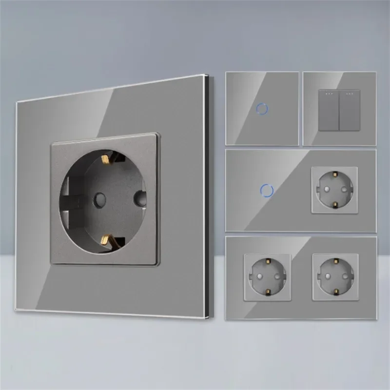 Bingoelec Interruptor de Luz Cinza e Tomada de Parede com Painel de Vidro de Cristal Melhoria da Casa