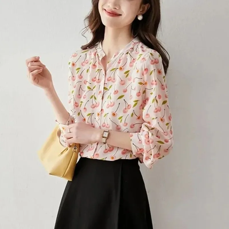 

Temperament Goddess Long Sleeve Printed Button Shirt Spring Autumn Stand Collar Trendy A Socialite Blouse Women's Clothing Tops