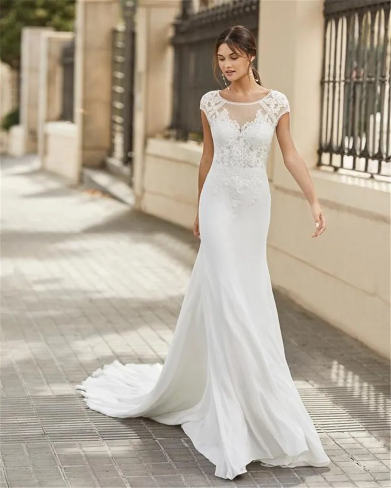

Modern O-Neck short sleeve Mermaid Wedding Dresses Elegant Illusion Bridal Dress Lace Robe de Mariee