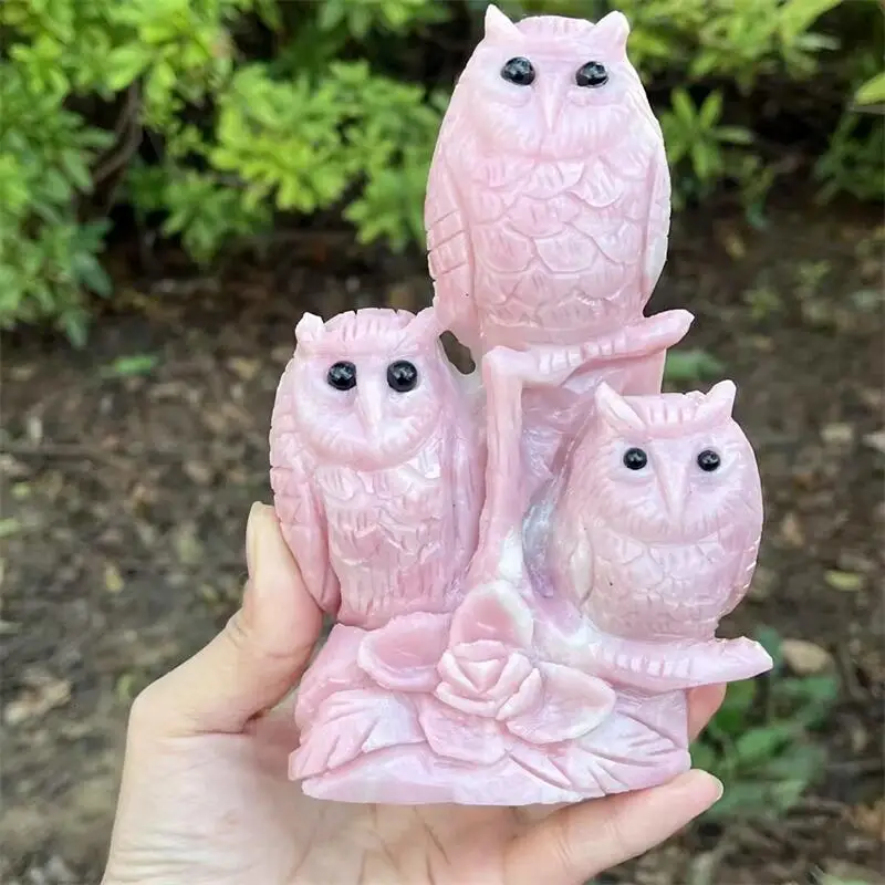 15CM Natural Pink Opal Tree Owl Carving Healing Crystal Animals Statue Reiki Crafts Home Room Decoration 1pcs 4