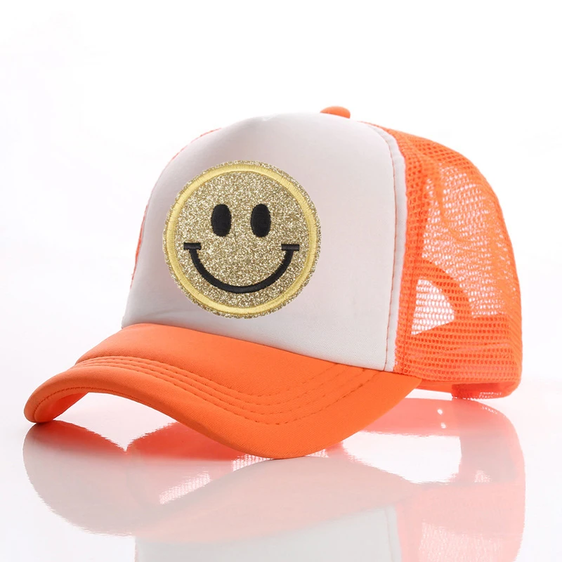 designer skully hat 2022 New 23 Colors Glitter Smiley Trucker Hat Men's Mesh Hat Summer Hat Trucker Hat Smiley Hat Adjustable Hat Cap Men  Unisex yellow skully hat Skullies & Beanies