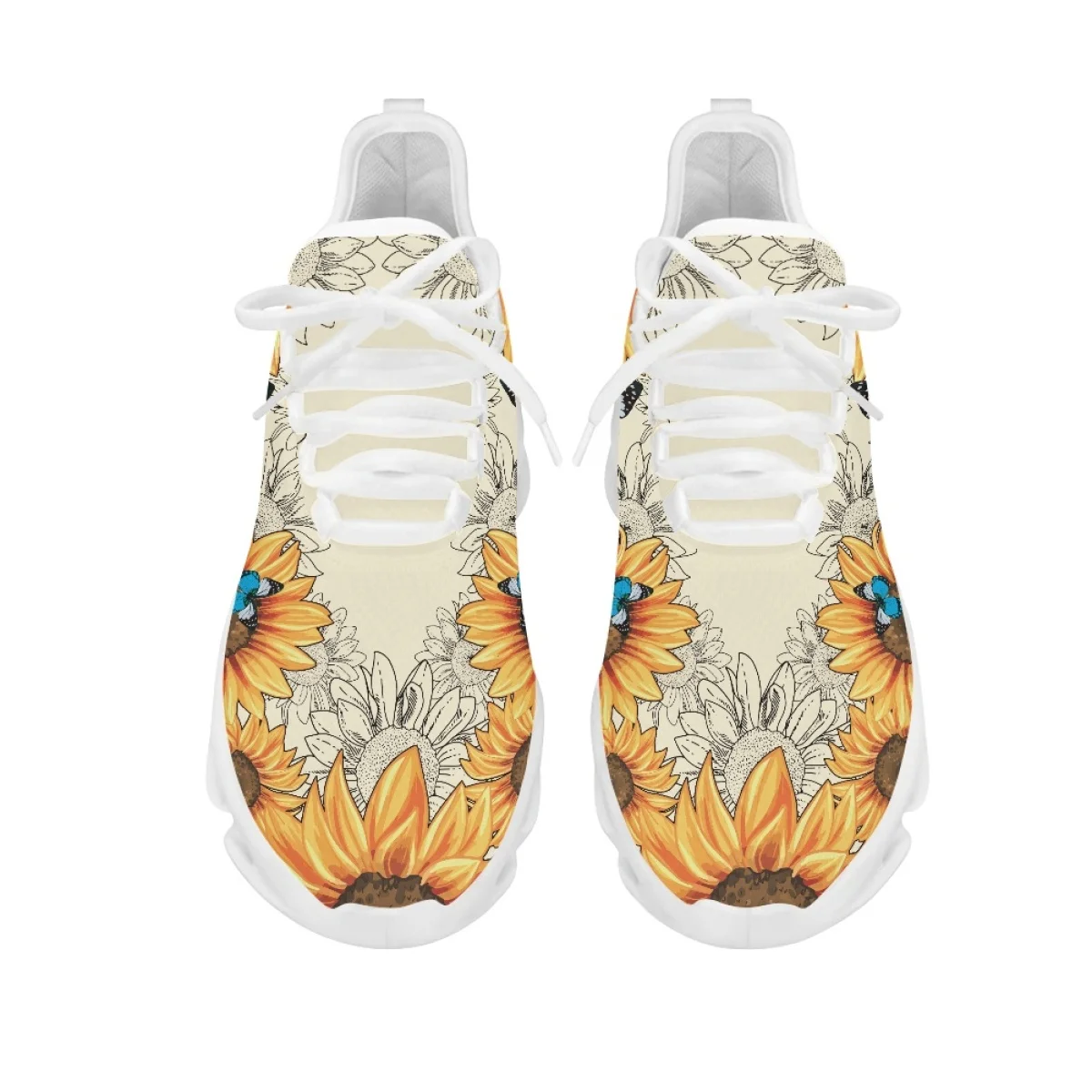 Pretty Butterfly Sunflower Print Ladies Flats Spring Autumn Outdoor Work Breathable Running Shoes Mesh Shock Absorbing Sneakers