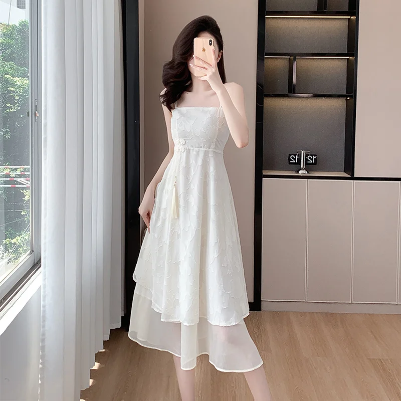 새로운 중국 스타일 Hanfu 긴 드레스 여름 2024 새로운 도착 여성의 몸집이 작은 드레스 세트 민족 의상 세련된 복장