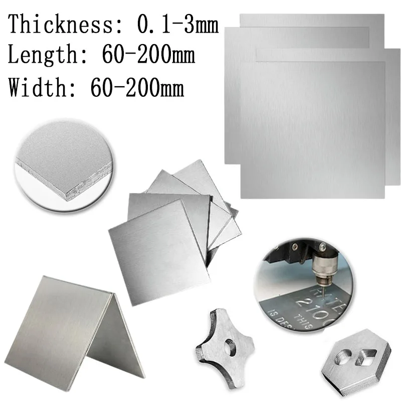 304 Edelstahlplatte 60 x 60 mm, 100 x 100 mm, 150 x 150 mm, 200 x 200 mm, 0,1–3 mm Dicke, poliertes, gebürstetes, flaches Metallblech für Bastelarbeiten