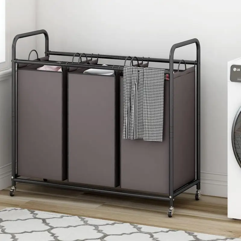 3-Bag Laundry Basket Hamper Laundry Sorter Cart laundry room organization with Heavy Duty Rolling Lockable Wheels Removable Bags