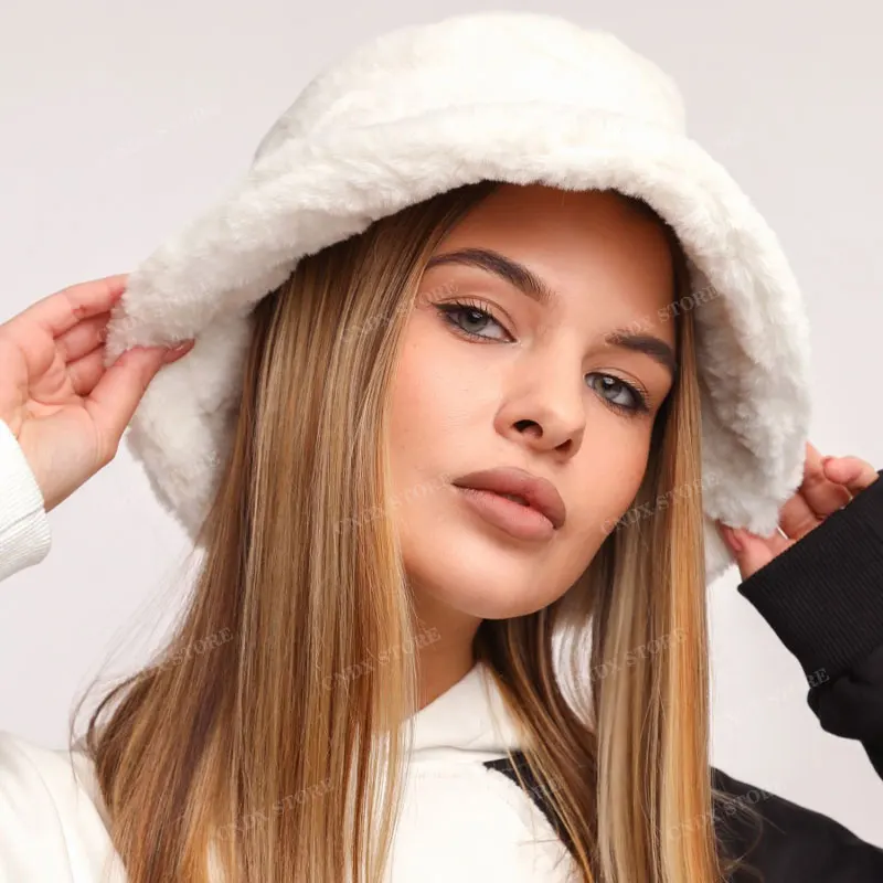 Winter Bucket Hat Fluffy Faux Fur Fisherman Cap Fluffy Hats Women Bucket Hat Women Bucket