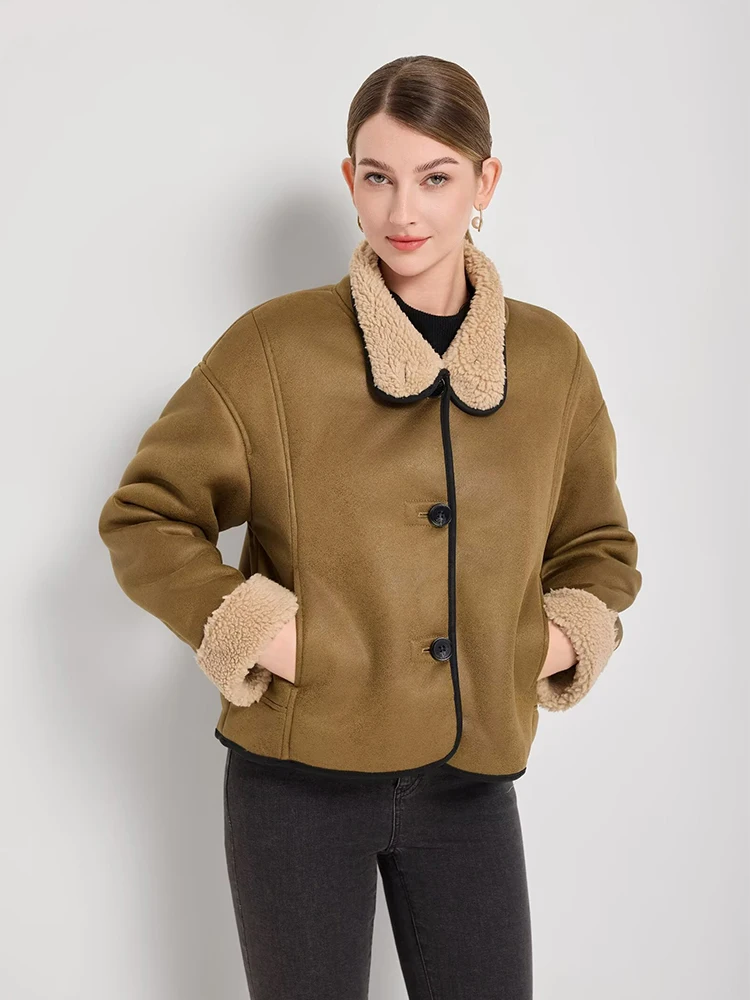 Solid Lamb Wool Coat Women Casual Lapel Single Breasted Pocket Loose Short Warm Jacket New Commute Office Jackets 2025 Winter
