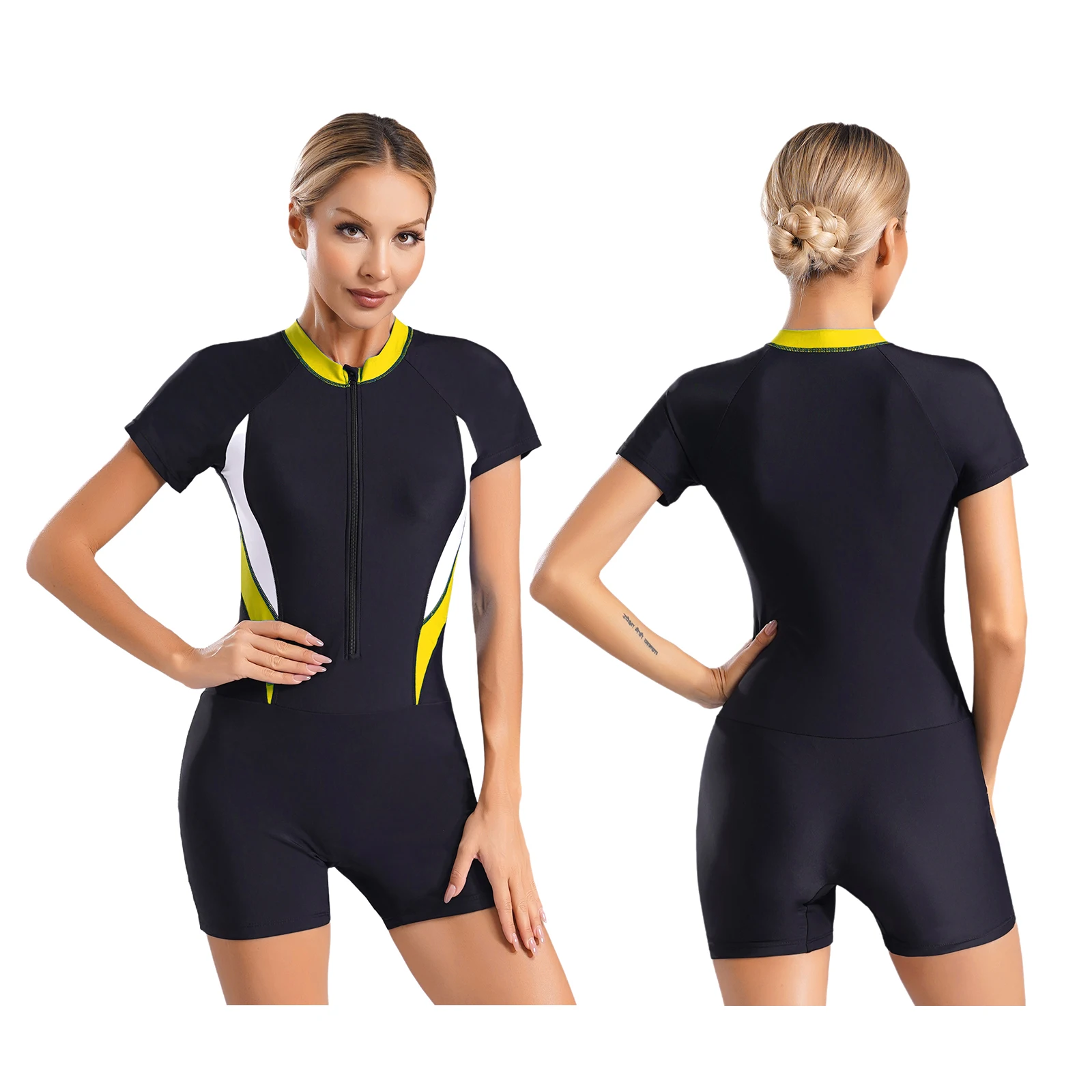 thumbnail image 1 of Traje de baño atlético de una pieza para mujer, traje de baño de manga corta con cremallera inferior Boyleg, traje de baño UPF 50+, traje de baño para surfear, 1 of 5