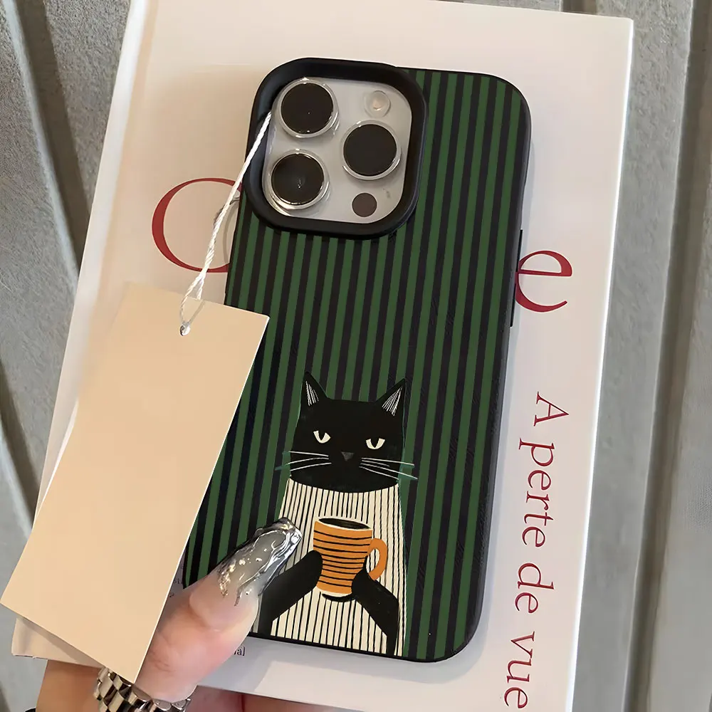 Quirky Coffee Cat Pattern Lychee Phone Case - Shockproof Cover