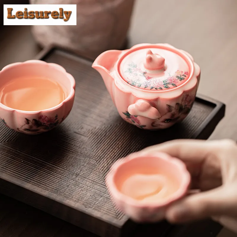 Red Powder Lard Jelly Travel Tea Set Kit Japanese 1 Pot 2 Cups Household Tea Brewing Organizer Portable Camping Handbag Supplies