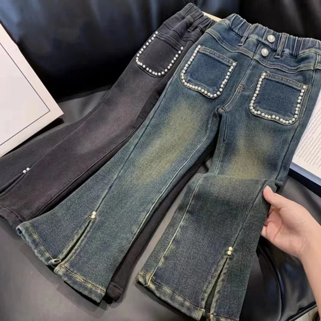 

Girls Flared Pants 2024 Autumn/winter New Plush Mesh Red Korean Version Trendy And Super Soft Slim Fitting Jeans Kids Clothing