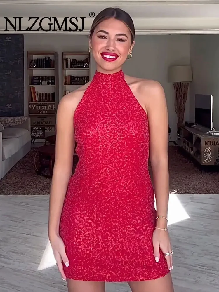 

Nlzgmsj TRAF Sequin Mini Dress Woman Off Shoulder Short Dresses for Women Glitter Party Dress Sleeveless Female Evening Dresses
