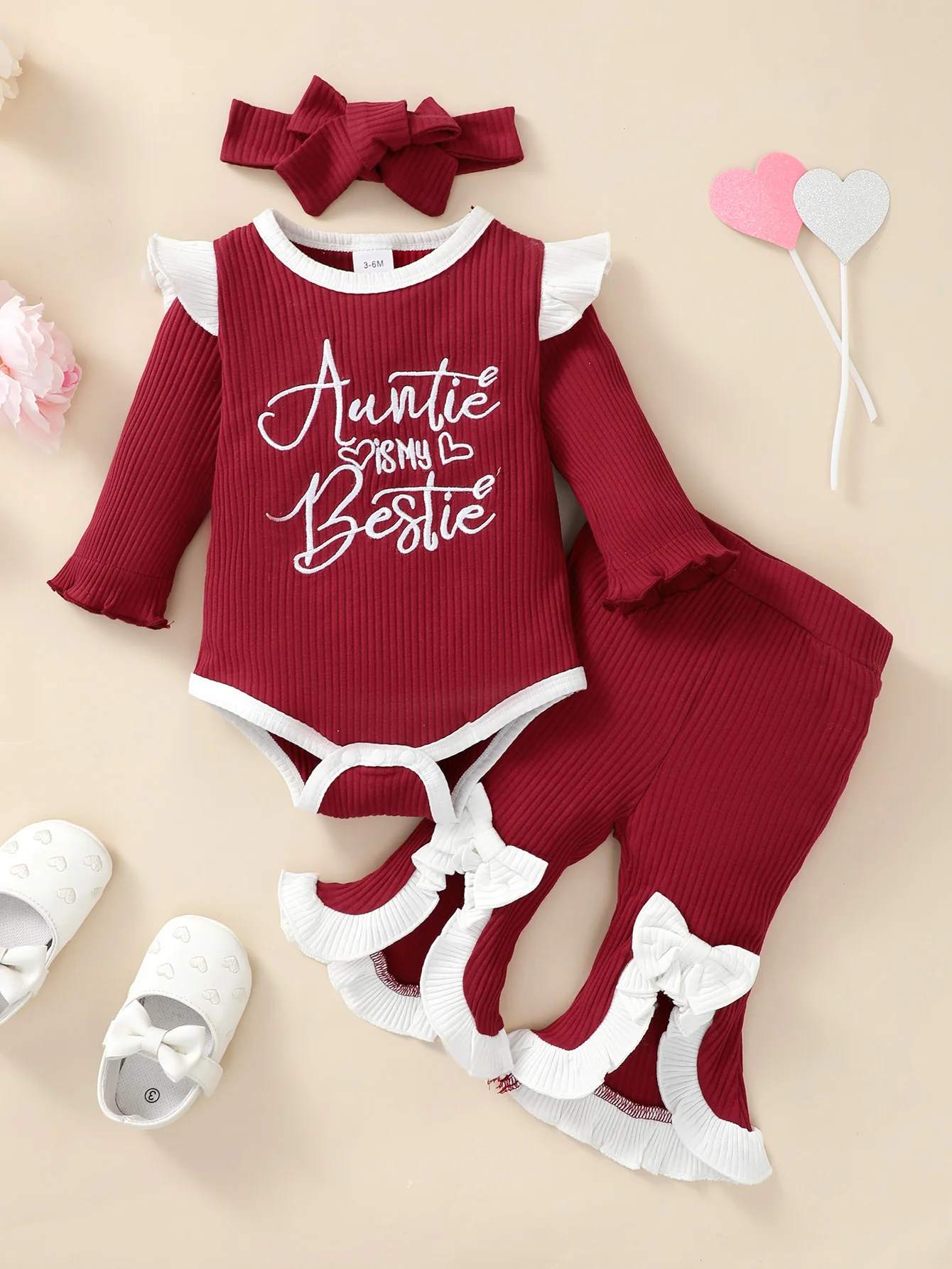 0-3 Jahre alt Neugeborene Baby Mädchen Frühling und Herbst Rundhals Langarm Brief bestickt Horn Hosen Mode Set – Detail 2