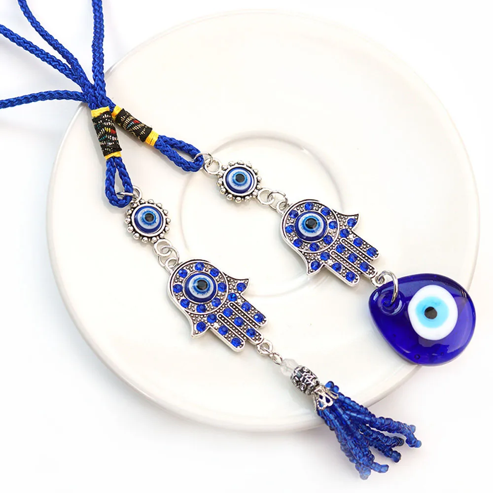 Turkey Blue Eye Crucifix Hand of Fatima Water Drop Evil Eye Tassel Pendant for Home Wall Decoration Car Lucky Hanging Ornaments