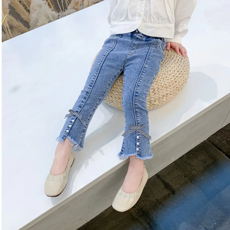 Blue Denim Kids Jeans Girls Cute Embroidered Trousers