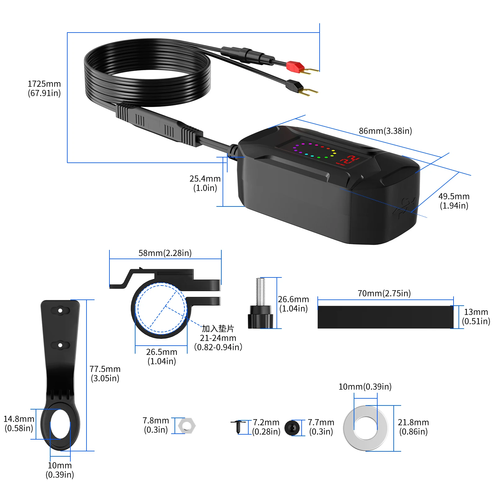 High-Power Motorcycle Phone Charger with Telescopic Cable & Built-in Voltmeter