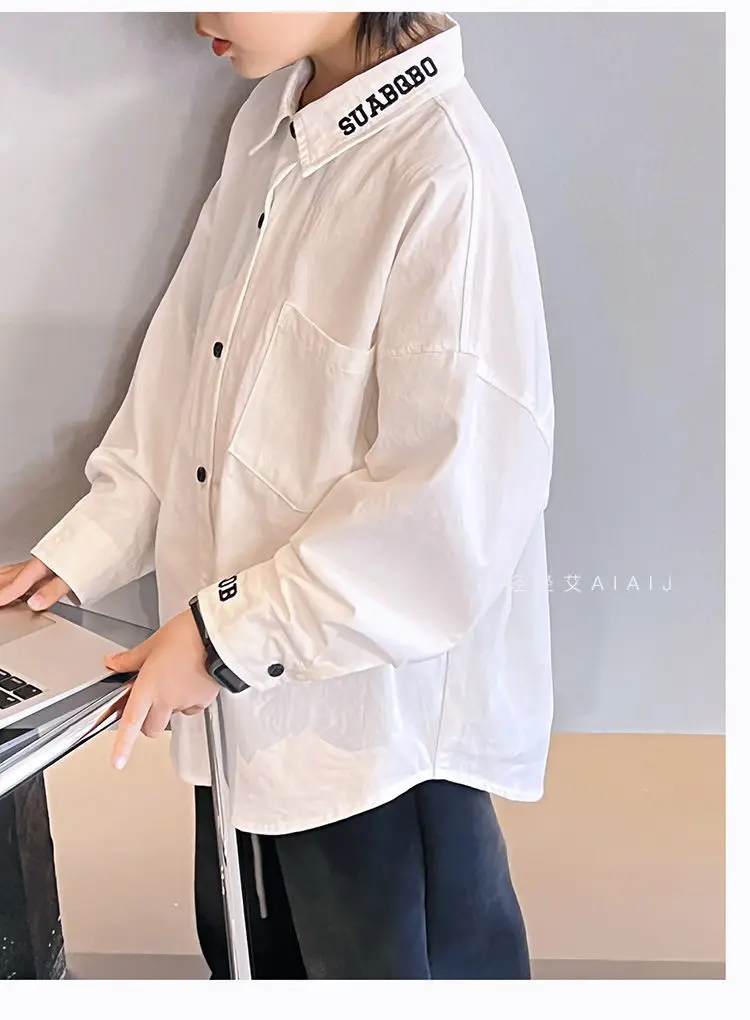 جديد 3-12 سنة ربيع الخريف الفتيان قميص بلون واحدة الصدر الوقوف طوق كم طويل قميص للأطفال الأطفال القطن قميص