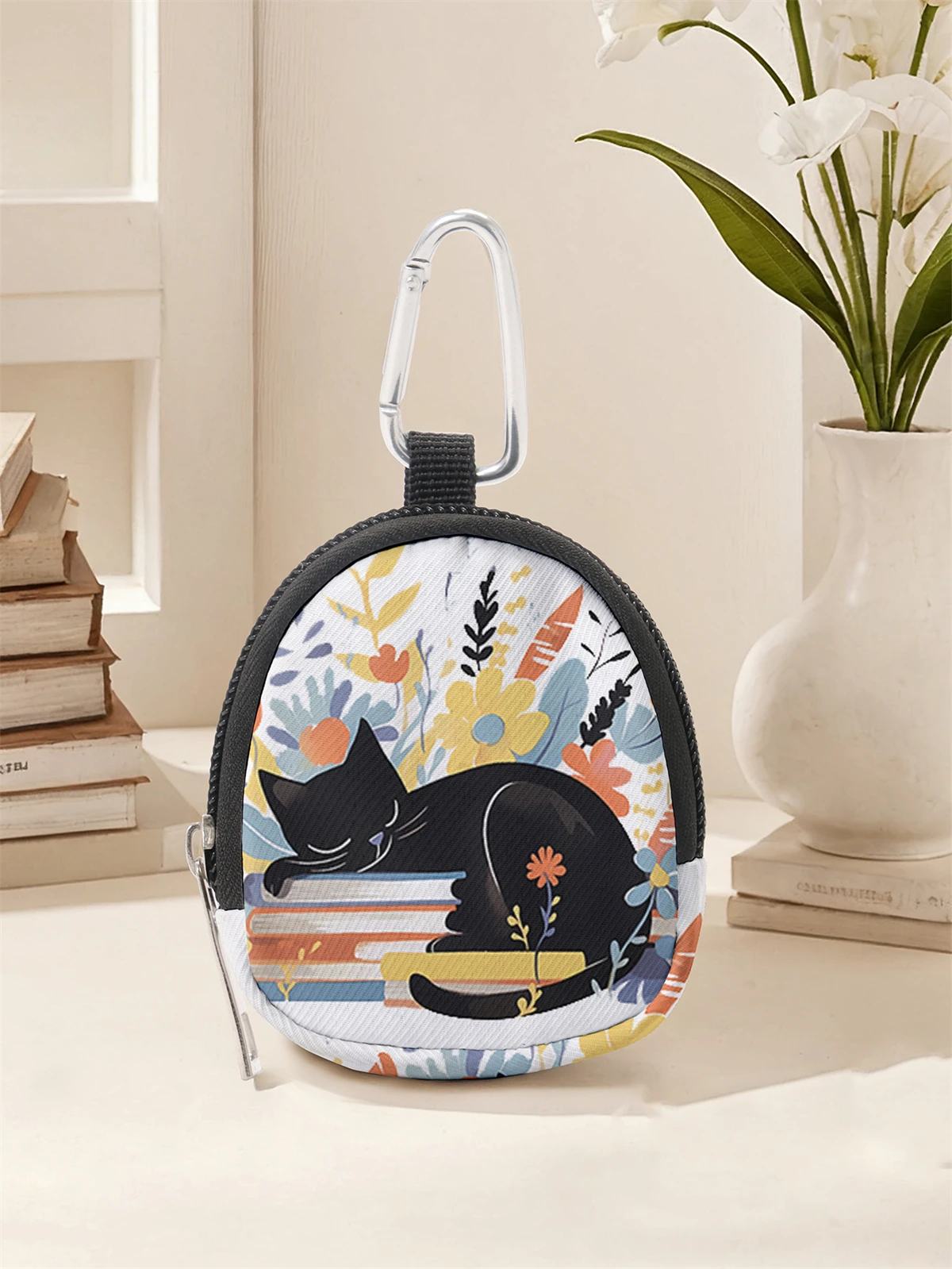 Cat pattern printed mini wallet, zipper change bag with hook clip, headphone key bag, suitable for men and women