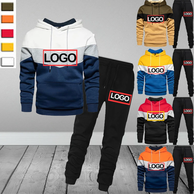 

Custom Logo Men's Outfits Patchwork Hoodie & Black Sweatpants 2 Piece Set Autumn Winter Male Fleece Warm Causal Suit Sportswear