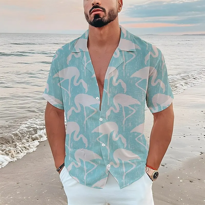 Men's Shirts Hawaiian Shirt Floral Flamingo Pattern Print Casual Short Sleeve Button Print Clothing Tropical Fashion Street