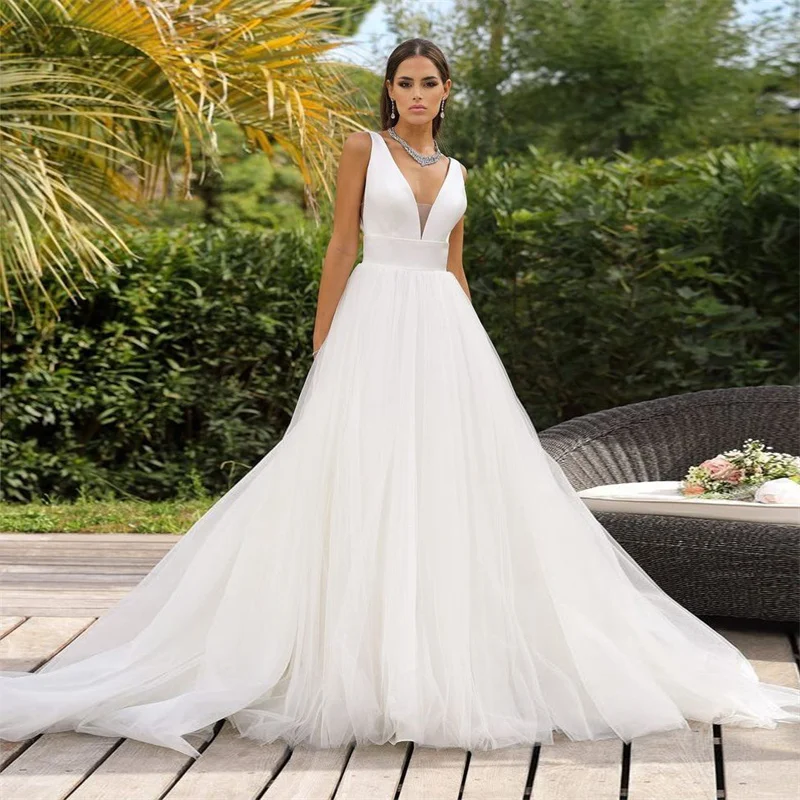 

FIDDY898 vestidos novias boda A-line Wedding Dresses Tulle Bridal Gowns sheer robe V-neckline Sleeveless sexy ivory C58