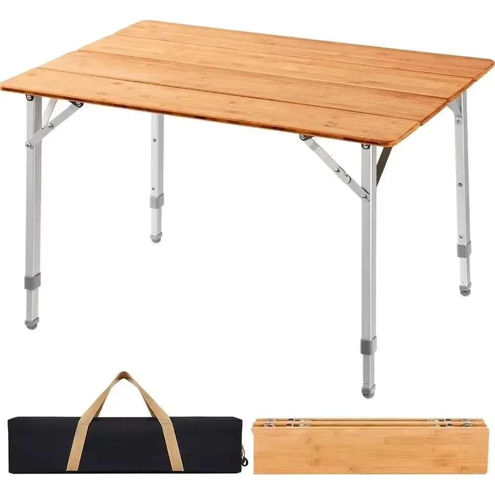 Bamboo Folding Table Portable Camping Table Adjustable Height Camping for Travel Picnic Beach Outdoor and Indoor Tables