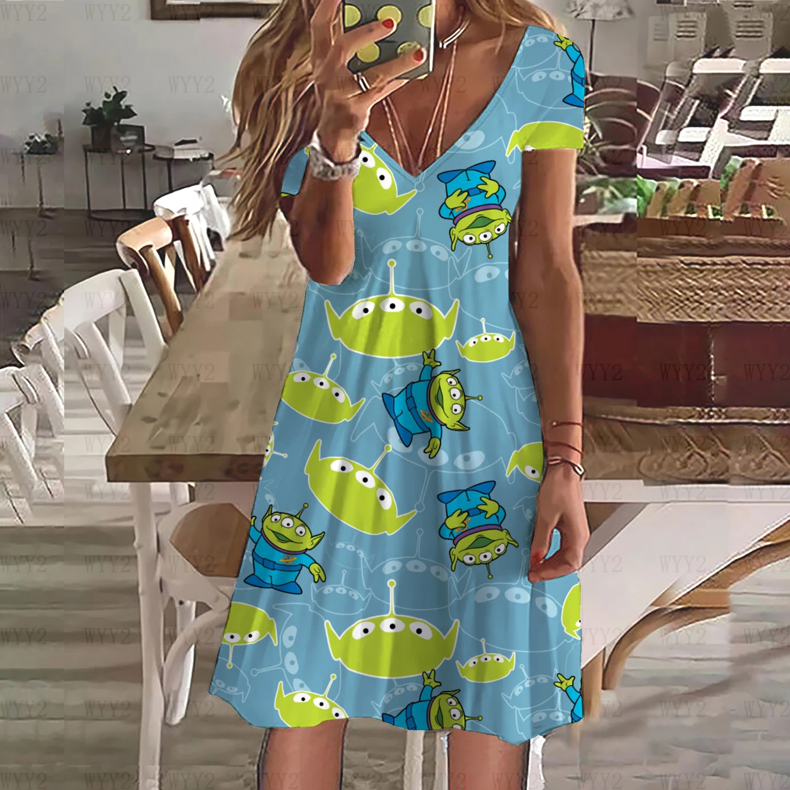 Ladies Clothing Casual Simple Dress Print Disney Toy Story Buzz Lightyear V Neck Short Sleeve Summer Ladies Plus Size Top Skirt 2