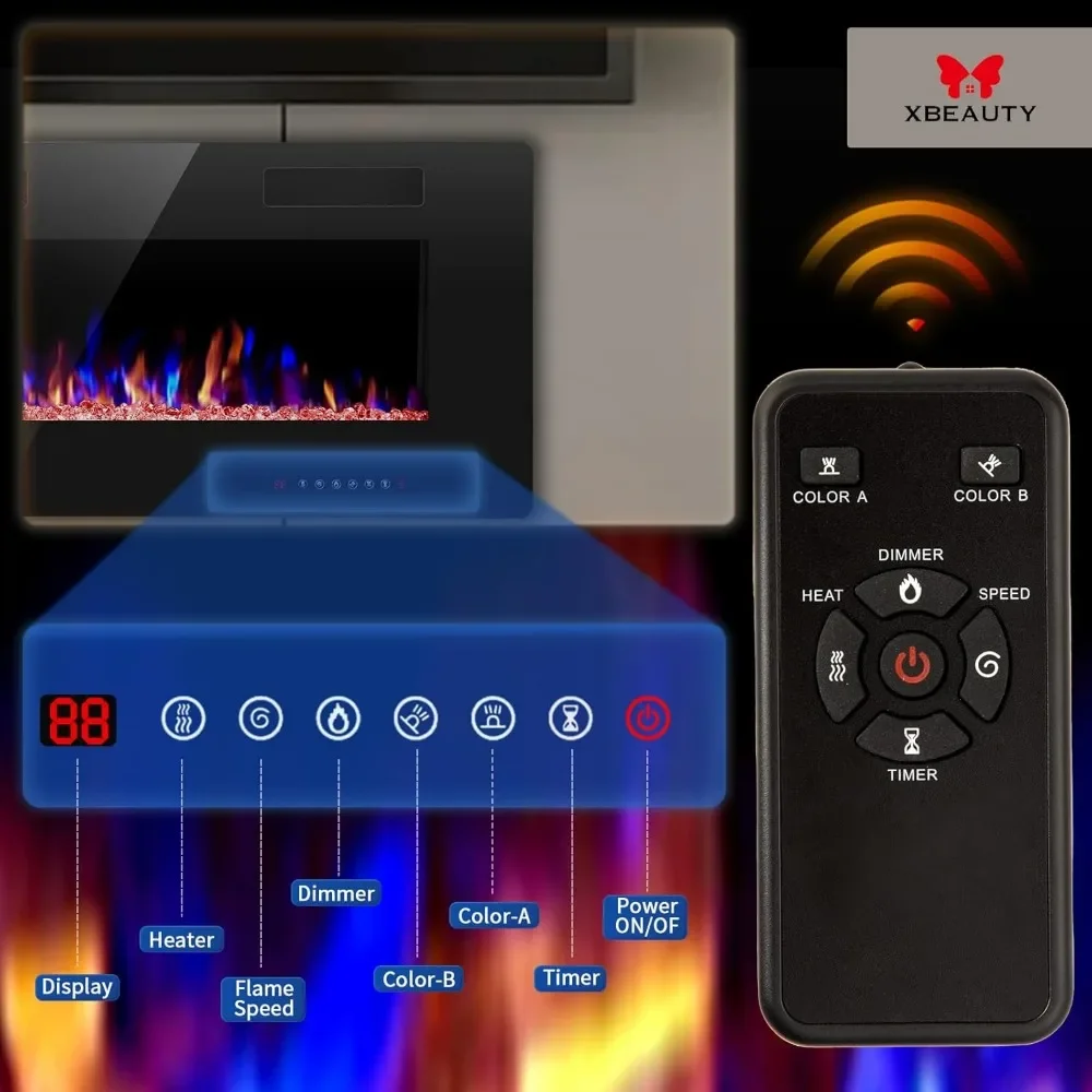 Electric Fireplace in-Wall Recessed and Wall Mounted 1500W Fireplace Heater and Linear with Timer/Multicolor Flames